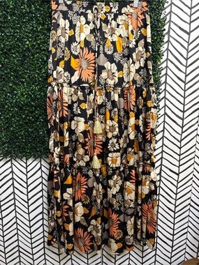 Tiered Floral Maxi Skirt in Black and Orange